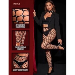 NEW RSLOVE Sinful Rhinestones Fishnet Pantyhose Stockings Womens One Size Black